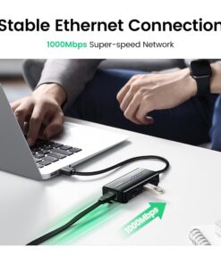 Adaptateur Ethernet USB gigabit avec hub trois ports USB 3.0, vue de face