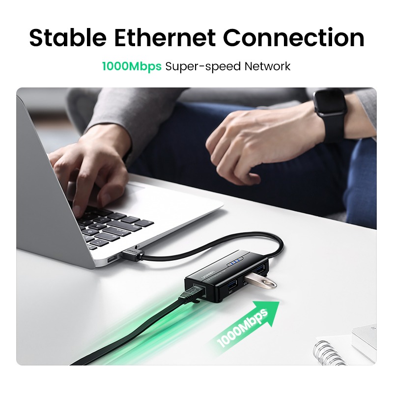Adaptateur Ethernet USB gigabit avec hub trois ports USB 3.0 Adaptateur Ethernet USB gigabit avec hub trois ports USB 3.0, vue de face