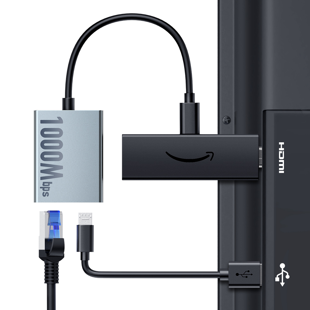 Adaptateur ethernet USB pour clé de télévision Adaptateur ethernet USB pour clé de télévision, vue de trois quarts