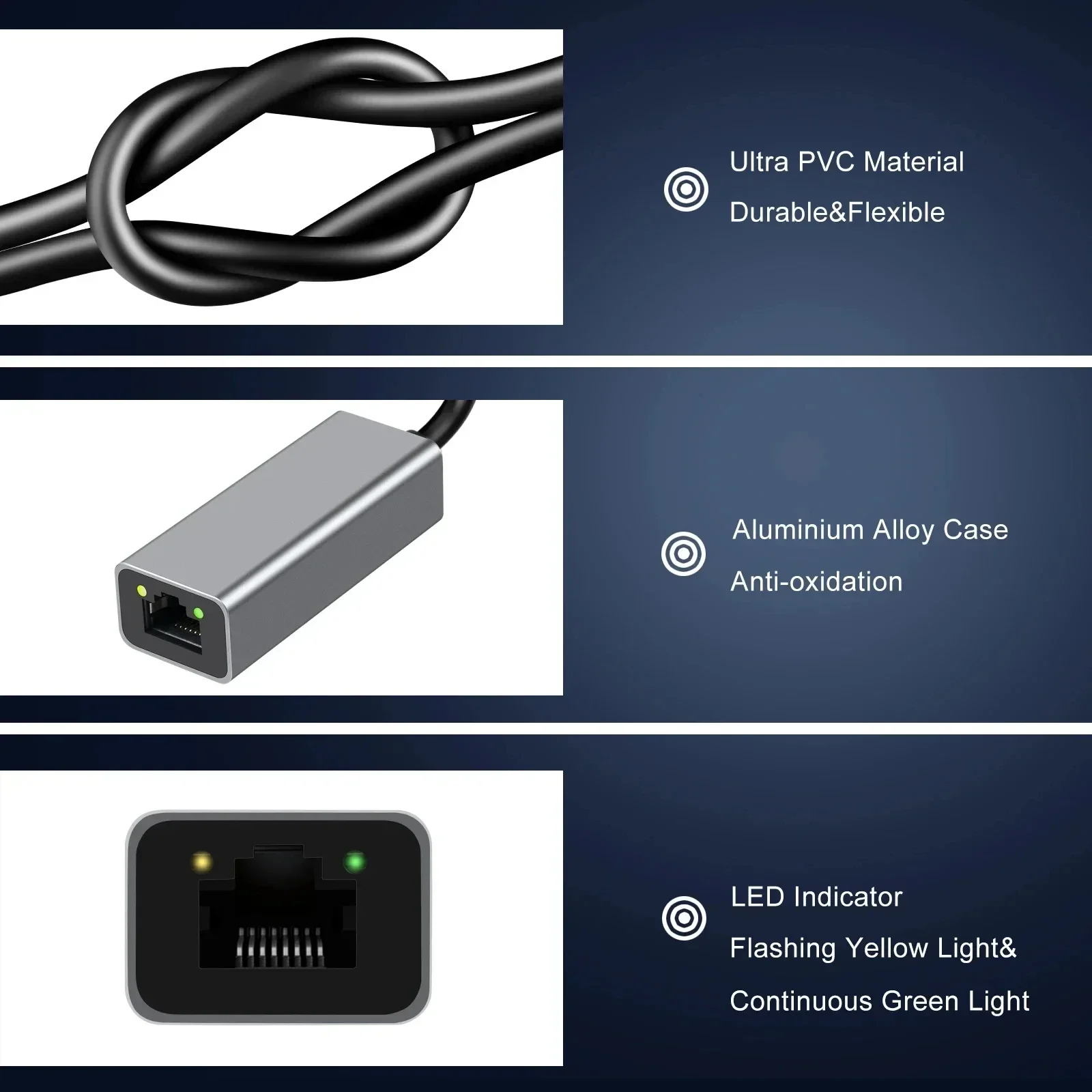 Adaptateur ethernet USB Type-C, quatre versions Adaptateur ethernet USB Type-C, quatre versions, vue de face