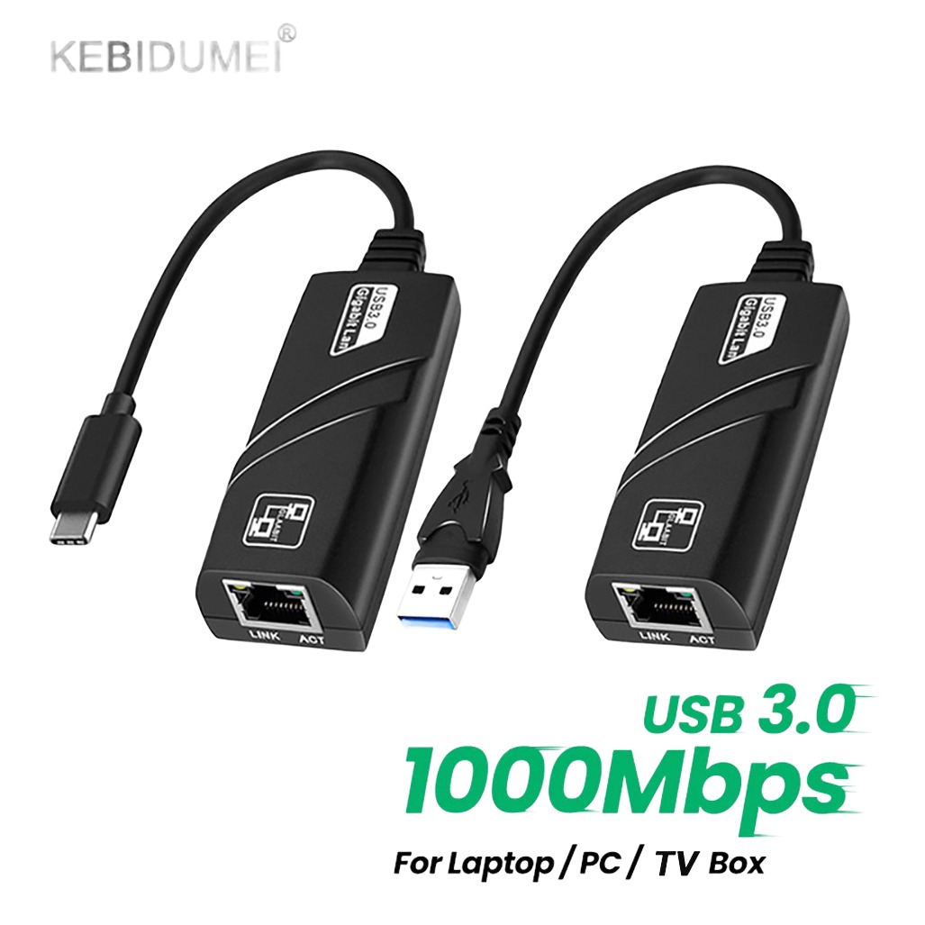 Adaptateur ethernet USB vers RJ45 gigabit, deux embouts Adaptateur ethernet USB vers RJ45 gigabit, deux embouts, vue de trois quarts