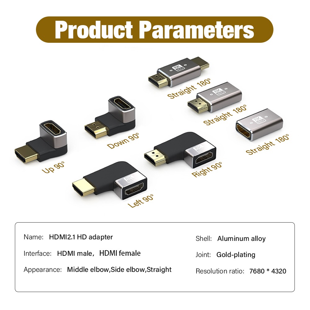 Adaptateur HDMI 2.1 coudé à angle droit, ou coupleur droit Adaptateur HDMI 2.1 coudé à angle droit, ou coupleur droit, vue de face