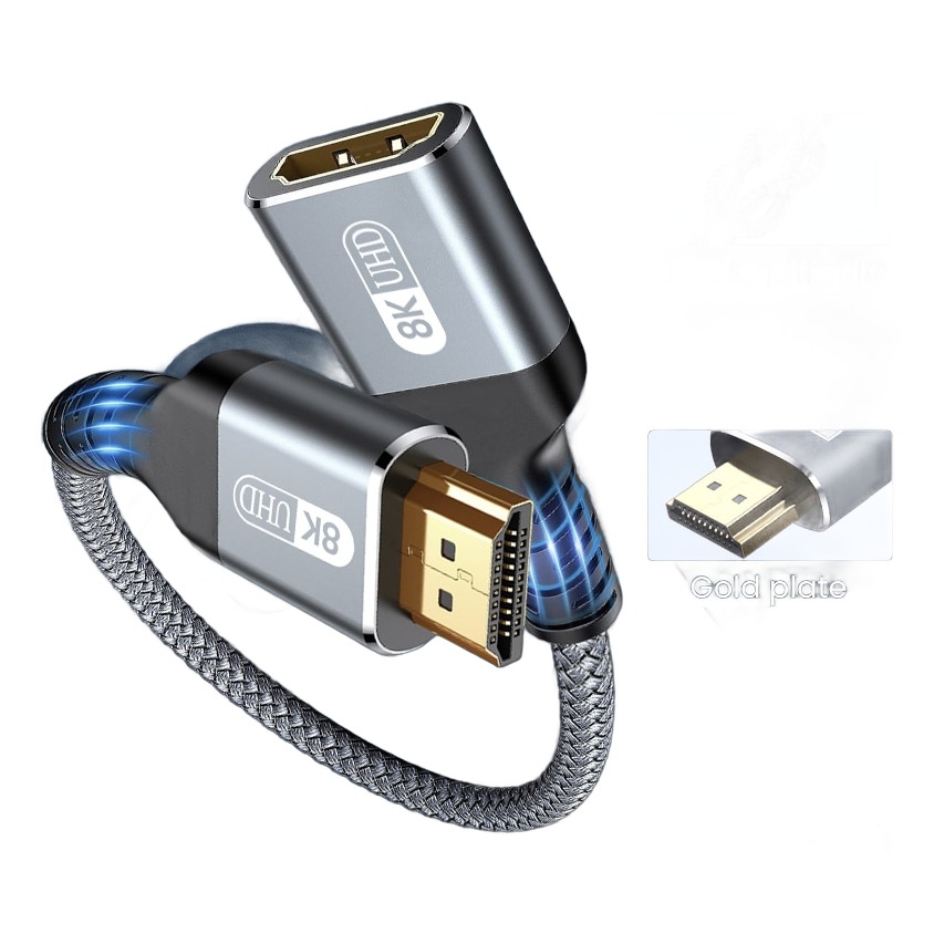 Adaptateur HDMI 2.1 male vers femelle rallonge tressee 8K Adaptateur HDMI 2.1 male vers femelle rallonge tressee 8K, vue de trois quarts