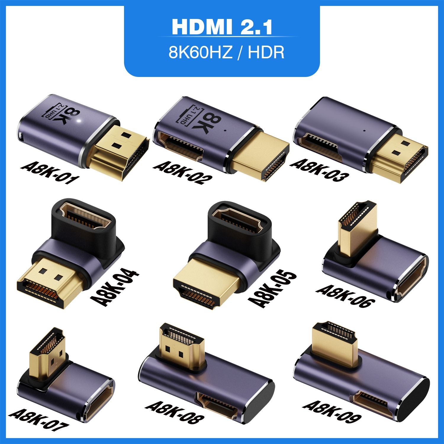 Adaptateur HDMI 2.1 pour prises mini et micro Adaptateur HDMI 2.1 pour prises mini et micro, vue de trois quarts