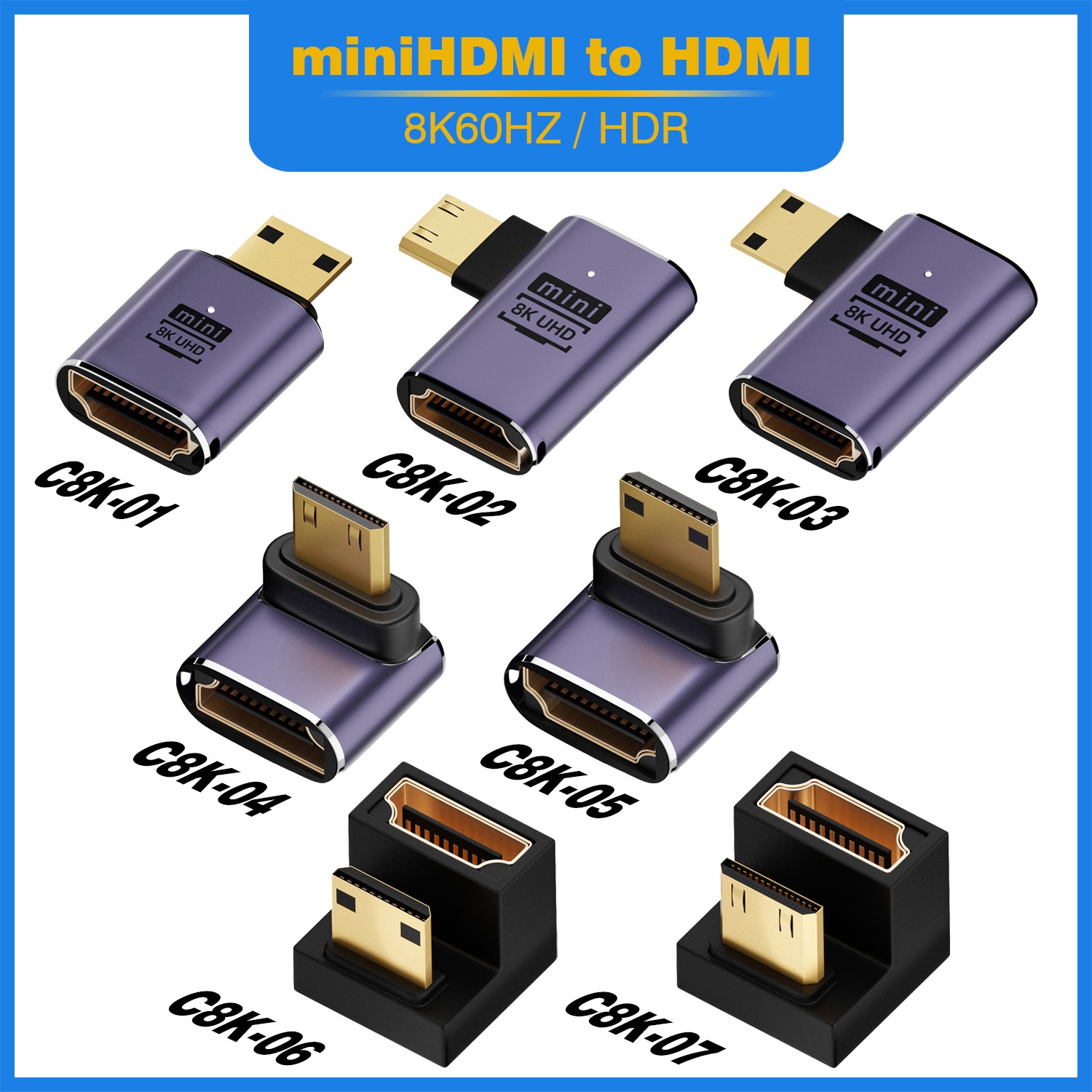 Adaptateur HDMI 2.1 pour prises mini et micro Adaptateur HDMI 2.1 pour prises mini et micro, vue de face