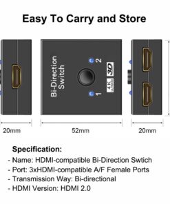 Adaptateur HDMI commutateur bidirectionnel 2 vers 1, vue de trois quarts