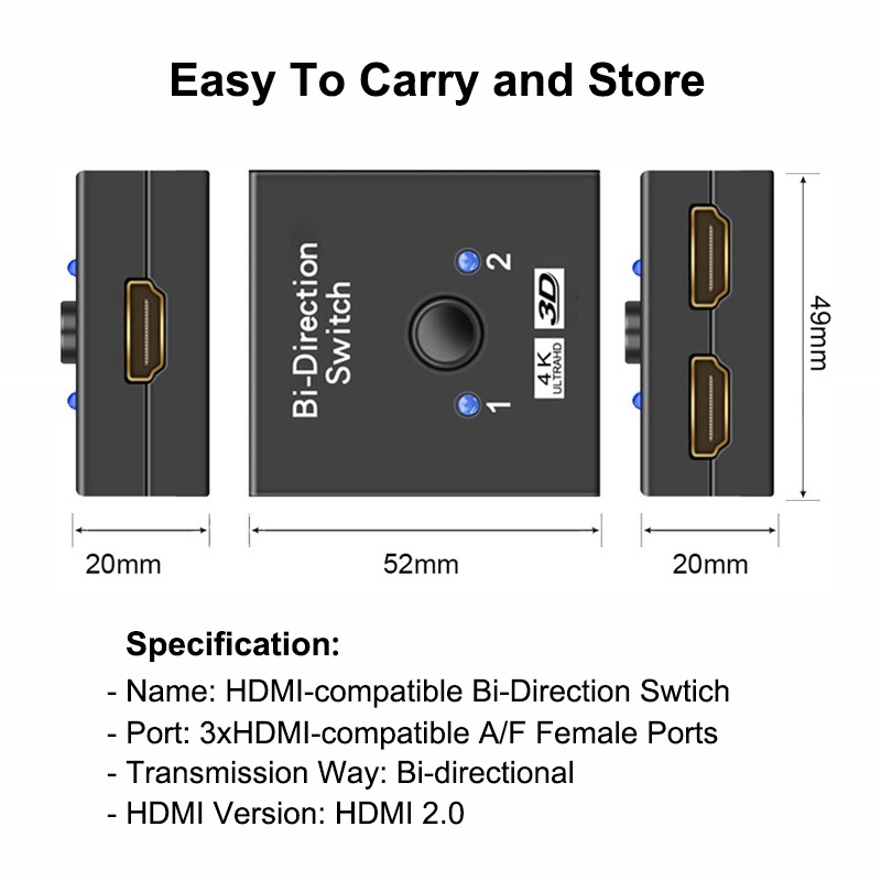 Adaptateur HDMI commutateur bidirectionnel 2 vers 1 Adaptateur HDMI commutateur bidirectionnel 2 vers 1, vue de trois quarts