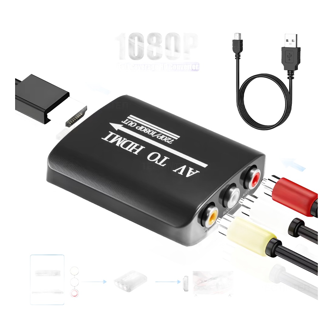 Adaptateur HDMI, convertisseur AV vers HDMI 1080p pour consoles Adaptateur HDMI, convertisseur AV vers HDMI 1080p pour consoles, vue de face
