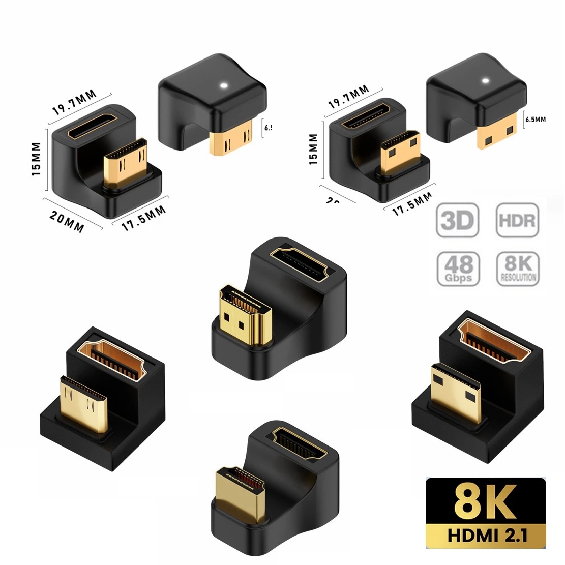 Adaptateur HDMI coude a 360 degres en forme de U Adaptateur HDMI coude a 360 degres en forme de U, vue de profil