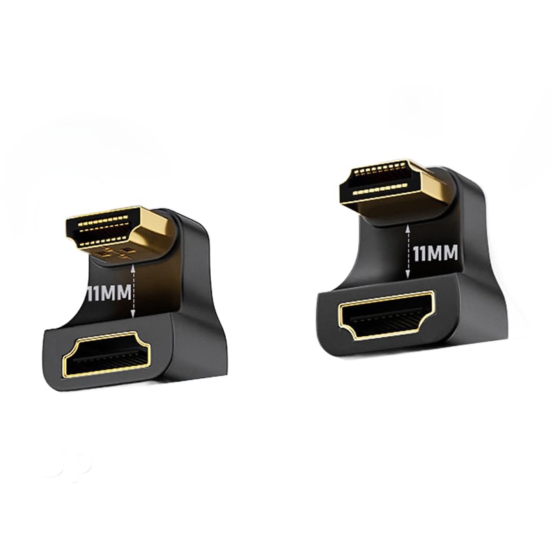 Adaptateur HDMI coudé orientable sur 360 degrés en 8K Adaptateur HDMI coudé orientable sur 360 degrés en 8K, vue de trois quarts