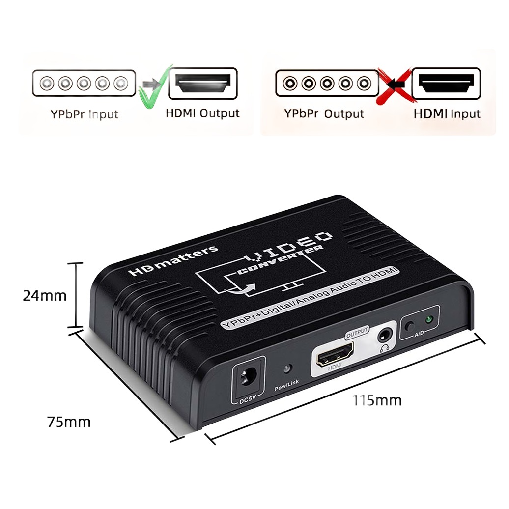 Adaptateur HDMI depuis une sortie par composantes YPbPr Adaptateur HDMI depuis une sortie par composantes YPbPr, vue de face