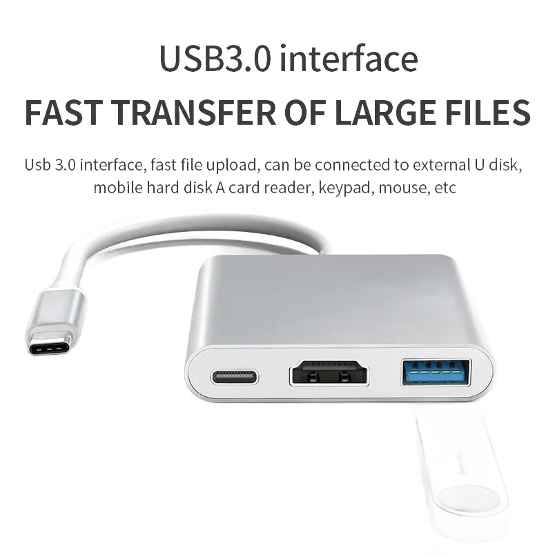 Adaptateur HDMI depuis USB-C, trois usages Adaptateur HDMI depuis USB-C, trois usages, vue de face