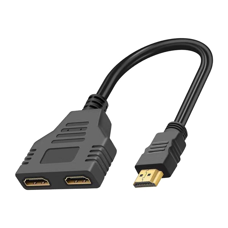Adaptateur HDMI en Y, 1 mâle vers 2 femelles Adaptateur HDMI en Y, 1 mâle vers 2 femelles, vue de trois quarts