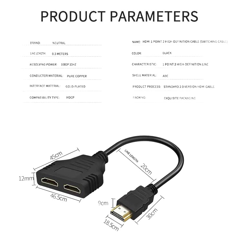 Adaptateur HDMI en Y, 1 mâle vers 2 femelles Adaptateur HDMI en Y, 1 mâle vers 2 femelles, vue arriere