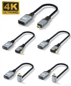 Adaptateur HDMI femelle vers mini HDMI ou micro HDMI, câble tressé, vue de trois quarts