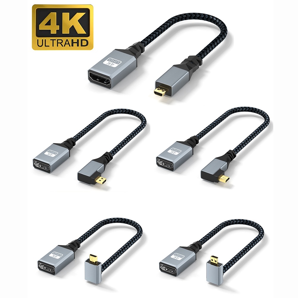 Adaptateur HDMI femelle vers mini HDMI ou micro HDMI, câble tressé Adaptateur HDMI femelle vers mini HDMI ou micro HDMI, câble tressé, vue de trois quarts