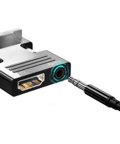 Adaptateur HDMI femelle vers VGA mâle avec câble audio, vue de trois quarts