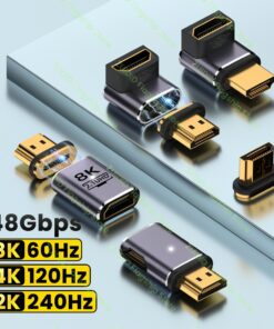 Adaptateur HDMI magnétique coudé pour espace réduit, vue de trois quarts