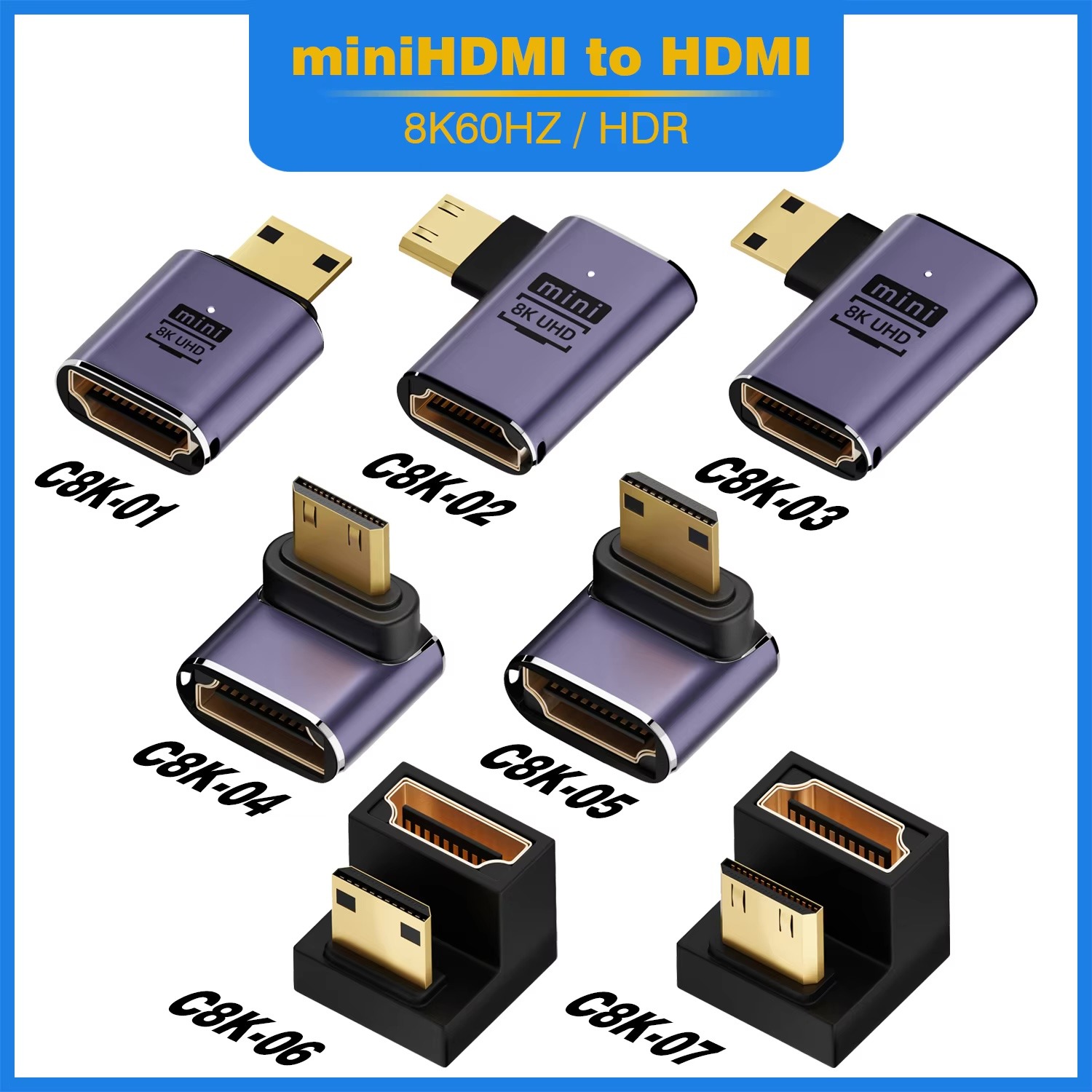 Adaptateur HDMI Micro et Mini vers HDMI 2.1 Adaptateur HDMI Micro et Mini vers HDMI 2.1, vue de trois quarts