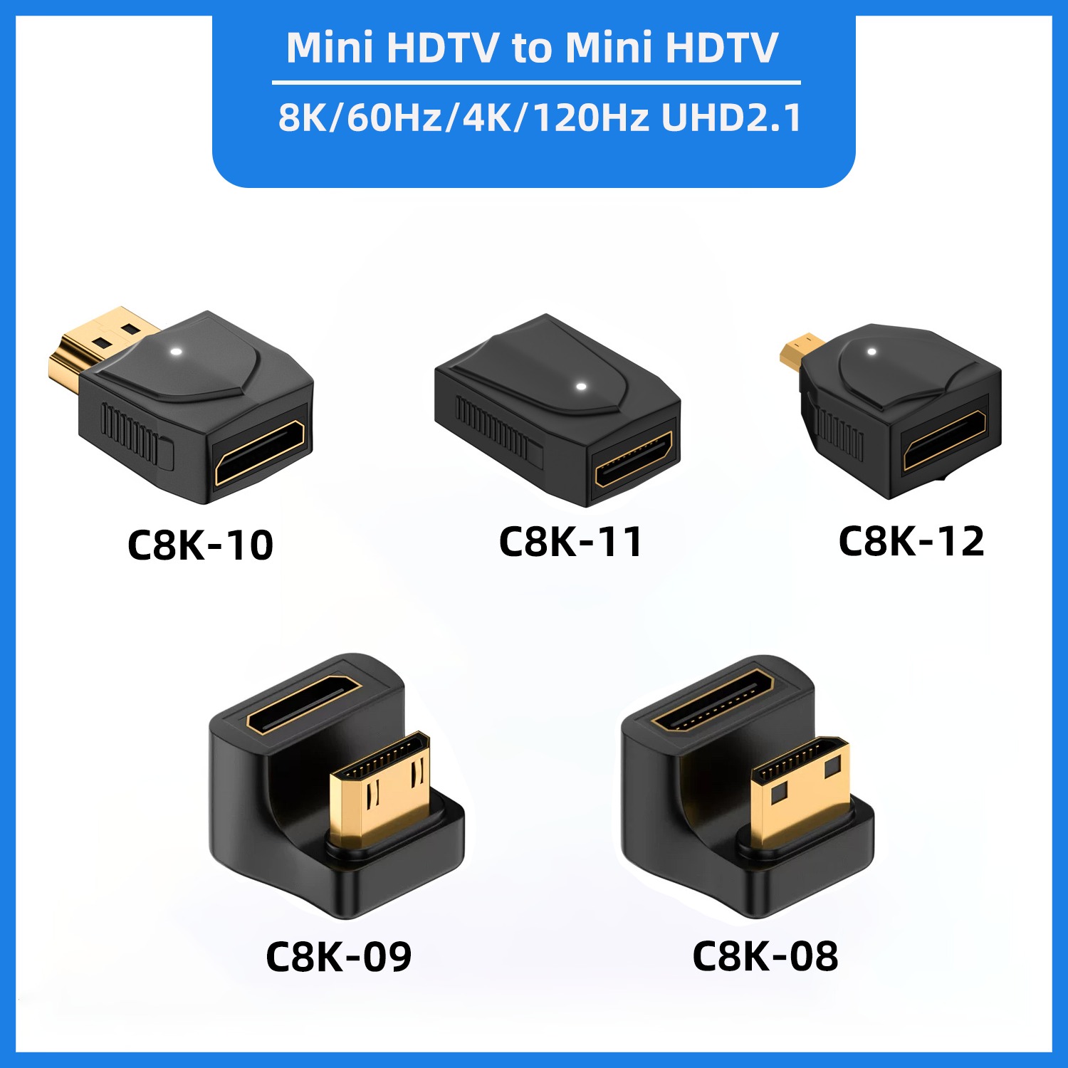 Adaptateur HDMI Micro et Mini vers HDMI 2.1 Adaptateur HDMI Micro et Mini vers HDMI 2.1, vue de face