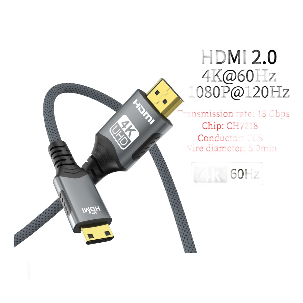 Adaptateur HDMI Mini vers HDMI tresse bidirectionnel Adaptateur HDMI Mini vers HDMI tresse bidirectionnel, vue principale
