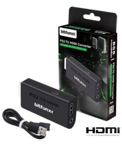 Adaptateur HDMI pour console PlayStation 2 avec câble USB, vue de trois quarts