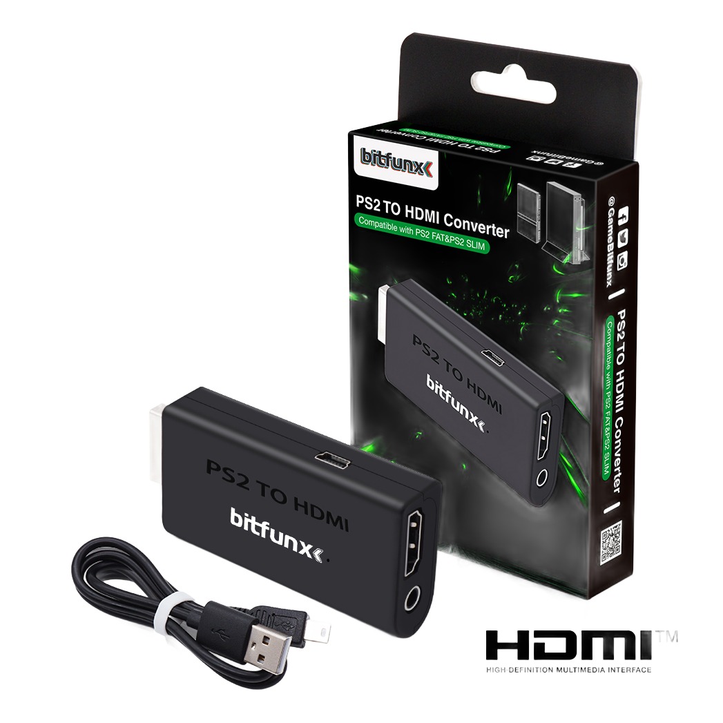 Adaptateur HDMI pour console PlayStation 2 avec câble USB Adaptateur HDMI pour console PlayStation 2 avec câble USB, vue de trois quarts