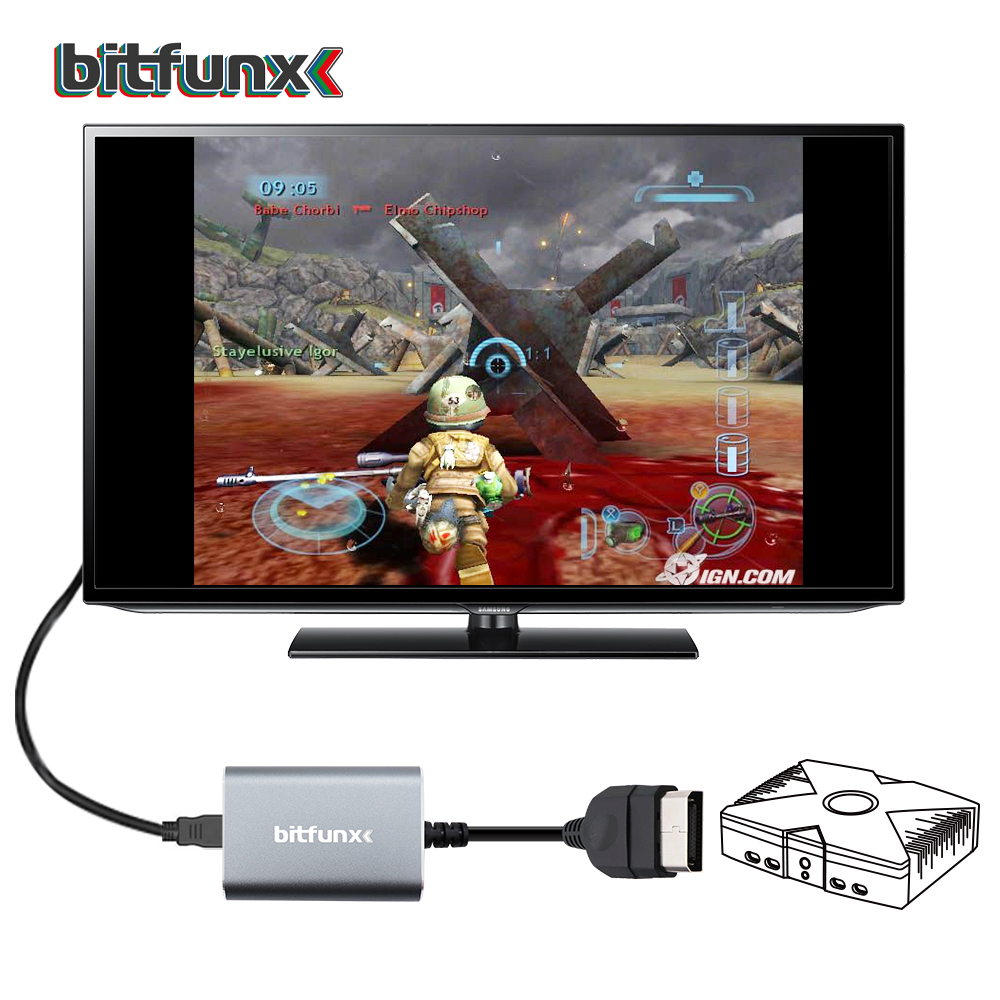 Adaptateur HDMI pour consoles de jeu rétro sur téléviseur Adaptateur HDMI pour consoles de jeu rétro sur téléviseur, vue de trois quarts