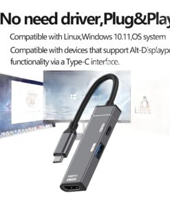 Adaptateur HDMI trois en un USB C, vidéo, données et charge, vue de trois quarts