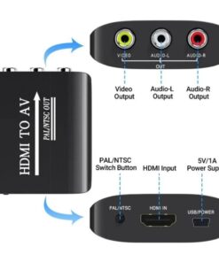 Adaptateur HDMI vers RCA compact avec sortie audio séparée, vue de trois quarts