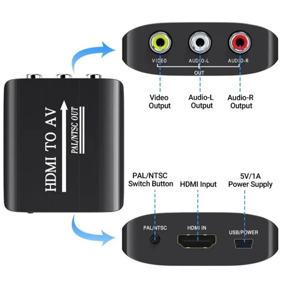 Adaptateur HDMI vers RCA compact avec sortie audio séparée Adaptateur HDMI vers RCA compact avec sortie audio séparée, vue de trois quarts