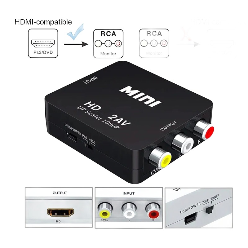 Adaptateur HDMI vers RCA pour televiseur ancien Adaptateur HDMI vers RCA pour televiseur ancien, vue de trois quarts