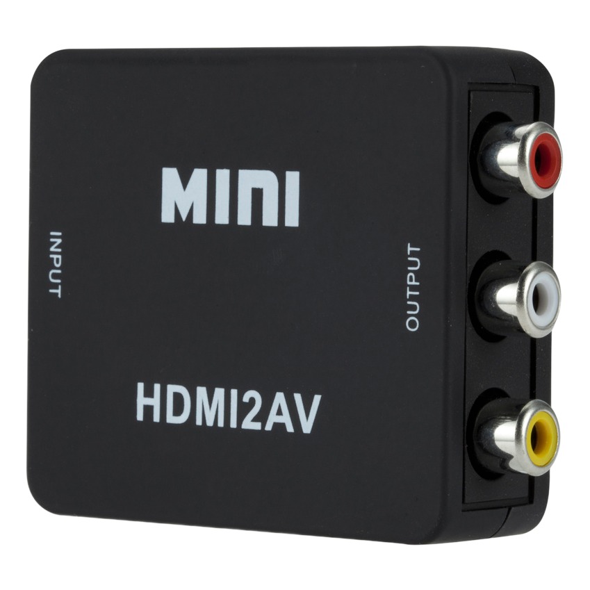 Adaptateur HDMI vers RCA pour téléviseur cathodique Adaptateur HDMI vers RCA pour téléviseur cathodique, vue de trois quarts