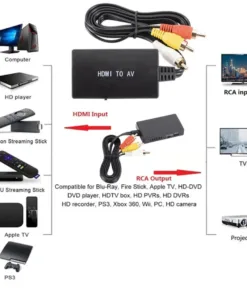 Adaptateur HDMI vers RCA pour téléviseur et moniteur anciens, vue de trois quarts