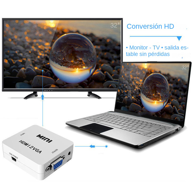 Adaptateur HDMI vers VGA avec sortie audio séparée Adaptateur HDMI vers VGA avec sortie audio séparée, vue de trois quarts