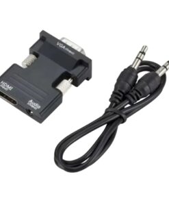 Adaptateur HDMI VGA compact avec audio et câble jack fourni, vue de trois quarts