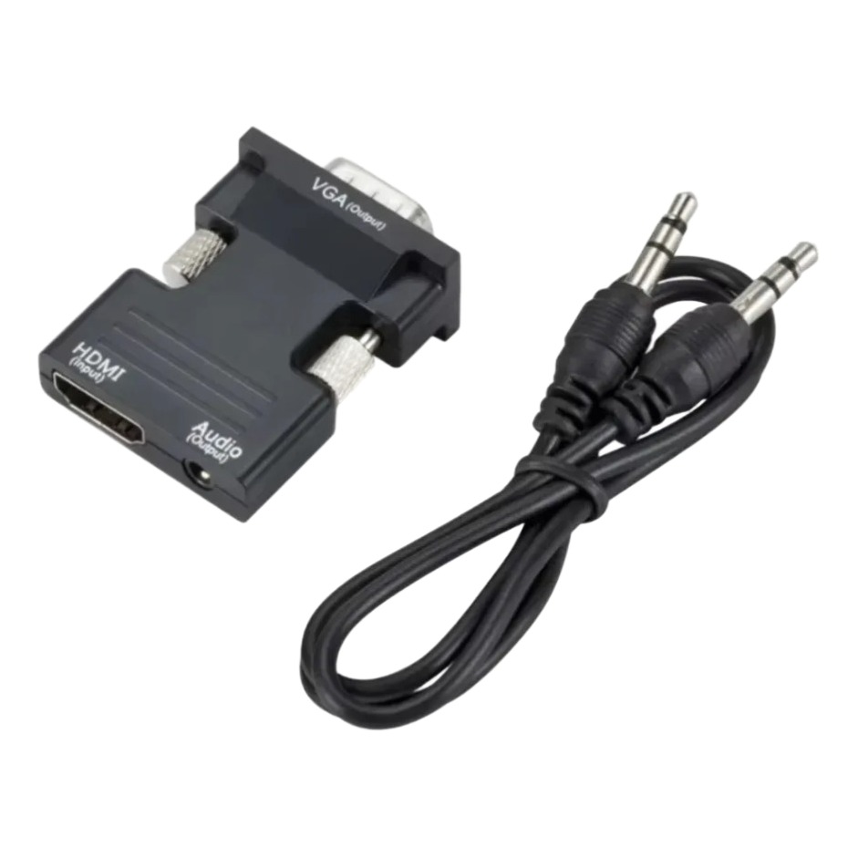 Adaptateur HDMI VGA compact avec audio et câble jack fourni Adaptateur HDMI VGA compact avec audio et câble jack fourni, vue de trois quarts