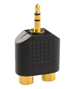 Adaptateur jack RCA compact, fiche 3,5 mm vers deux RCA femelles, vue de trois quarts