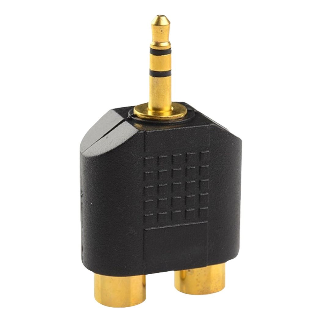 Adaptateur jack RCA compact, fiche 3,5 mm vers deux RCA femelles Adaptateur jack RCA compact, fiche 3,5 mm vers deux RCA femelles, vue de trois quarts