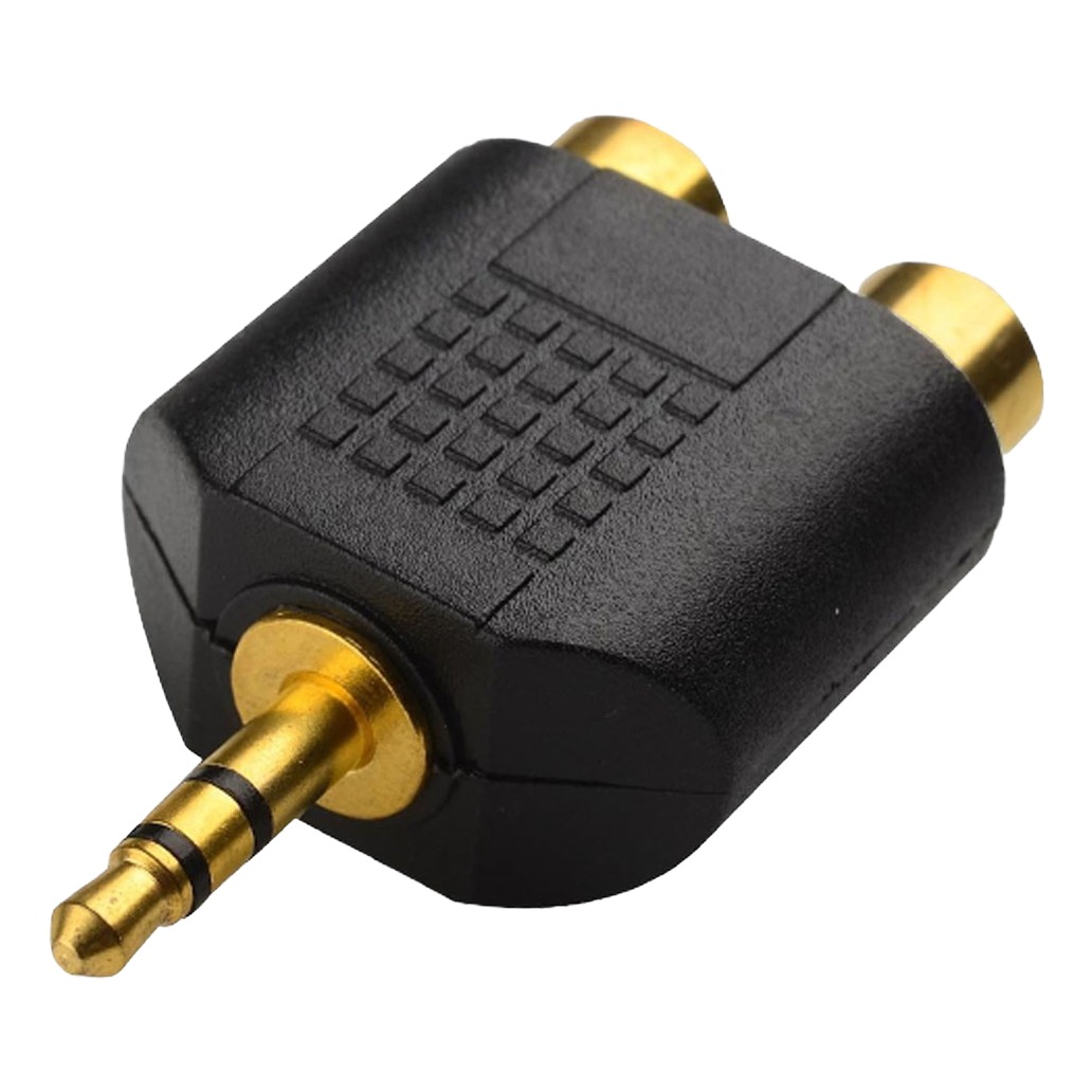 Adaptateur jack RCA compact, fiche 3,5 mm vers deux RCA femelles Adaptateur jack RCA compact, fiche 3,5 mm vers deux RCA femelles, vue de face