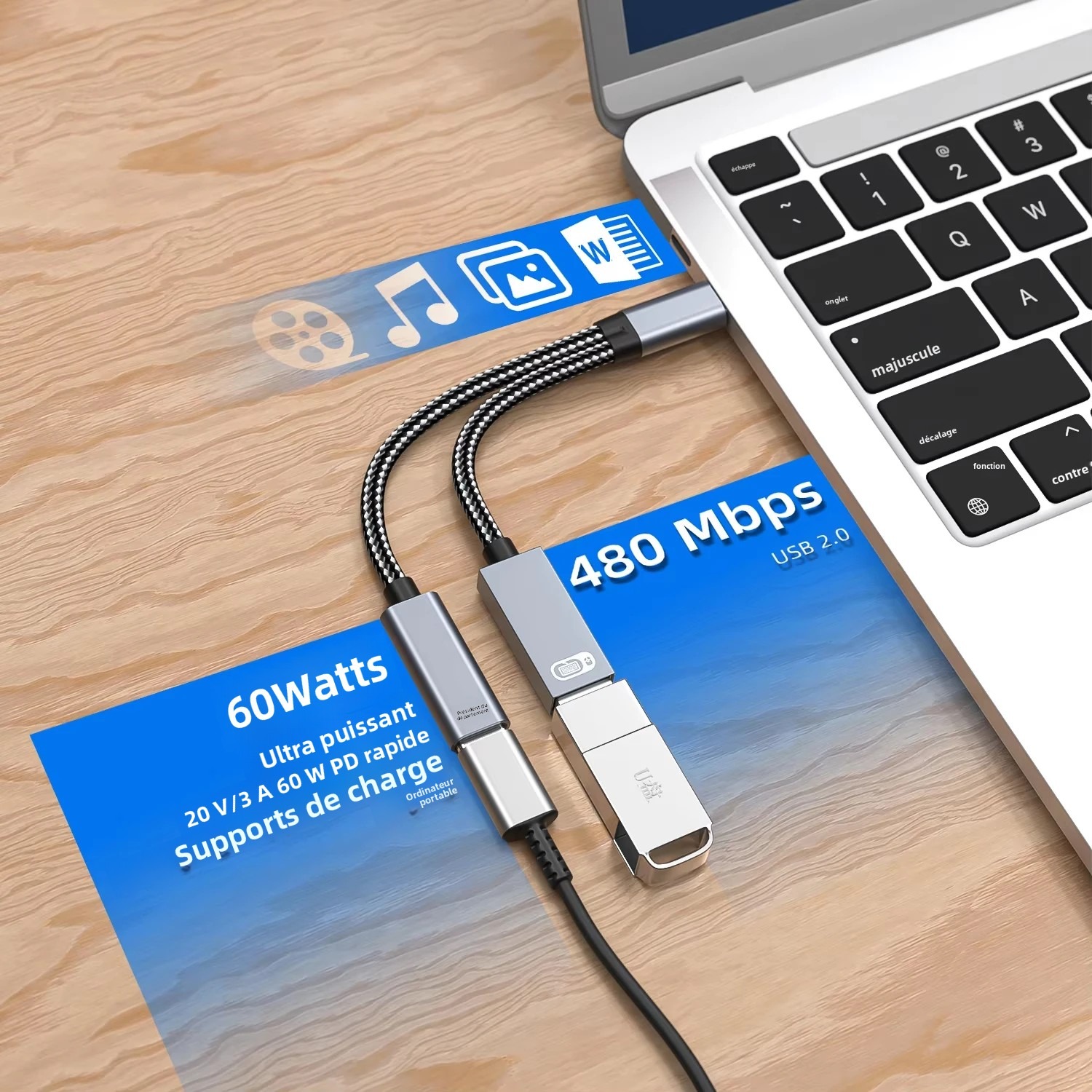 Adaptateur jack USB, prise USB A femelle vers USB C mâle Adaptateur jack USB, prise USB A femelle vers USB C mâle, detail