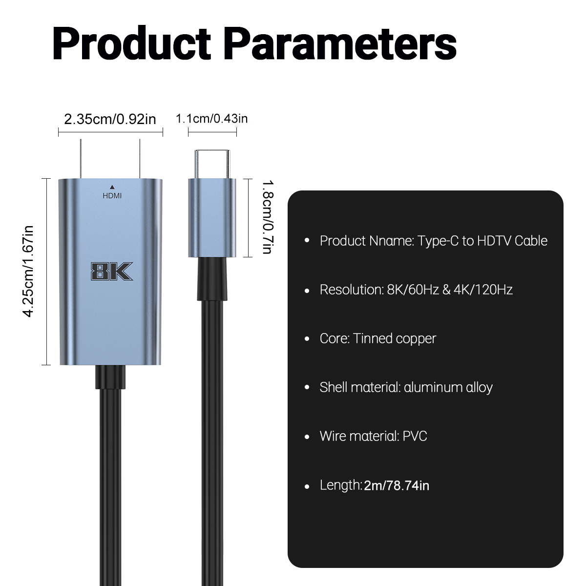 Adaptateur mac HDMI en câble de deux mètres Adaptateur mac HDMI en câble de deux mètres, vue de profil