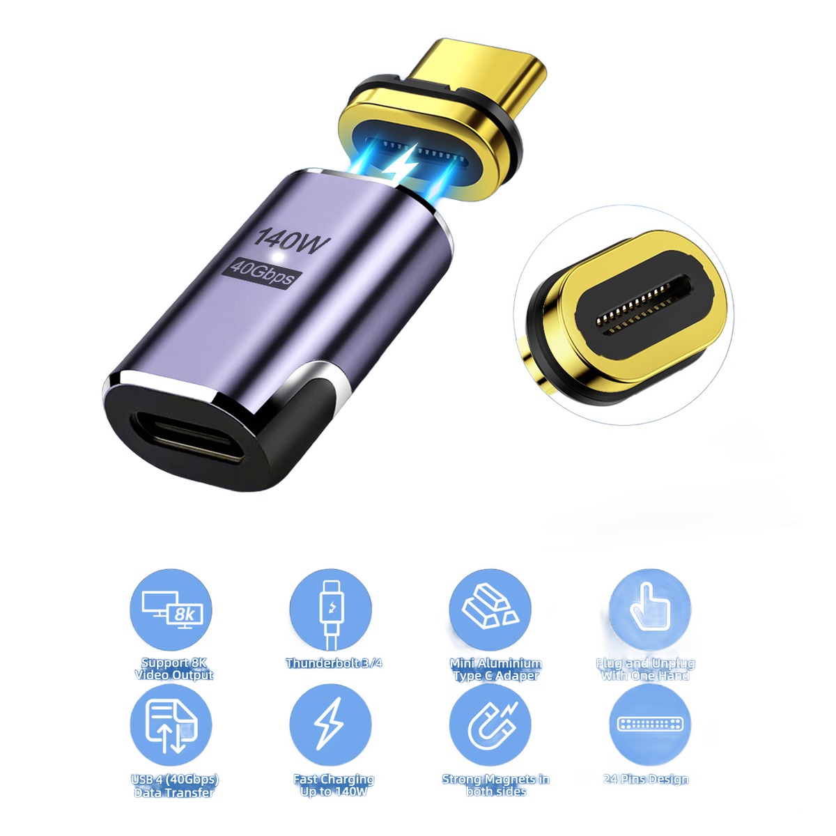 Adaptateur magnétique USB-C 140 W, droit ou coudé Adaptateur magnétique USB-C 140 W, droit ou coudé, vue de trois quarts