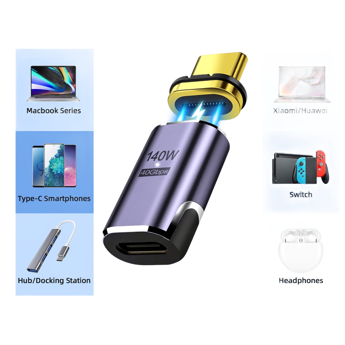 Adaptateur magnétique USB-C 140 W, droit ou coudé Adaptateur magnétique USB-C 140 W, droit ou coudé, vue de face
