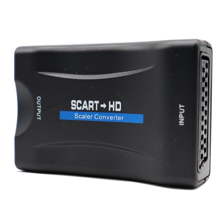 Adaptateur péritel HDMI 1080p, boîtier plat de 85 grammes Adaptateur péritel HDMI 1080p, boîtier plat de 85 grammes, vue de trois quarts