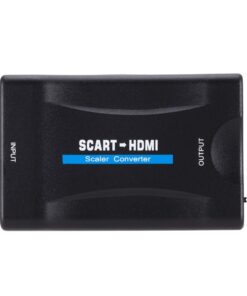 Adaptateur péritel HDMI 1080p, câble USB ou bloc secteur, vue de trois quarts