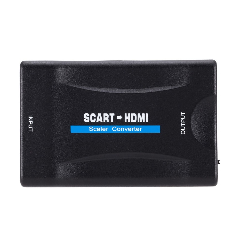 Adaptateur péritel HDMI 1080p, câble USB ou bloc secteur Adaptateur péritel HDMI 1080p, câble USB ou bloc secteur, vue de trois quarts