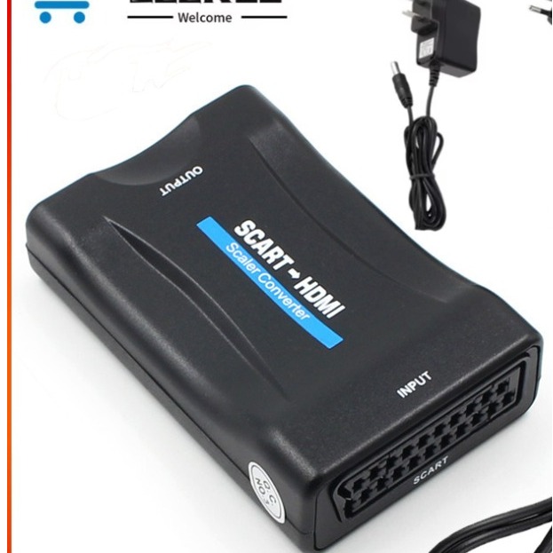 Adaptateur péritel HDMI 1080p, deux alimentations au choix Adaptateur péritel HDMI 1080p, deux alimentations au choix, vue de face