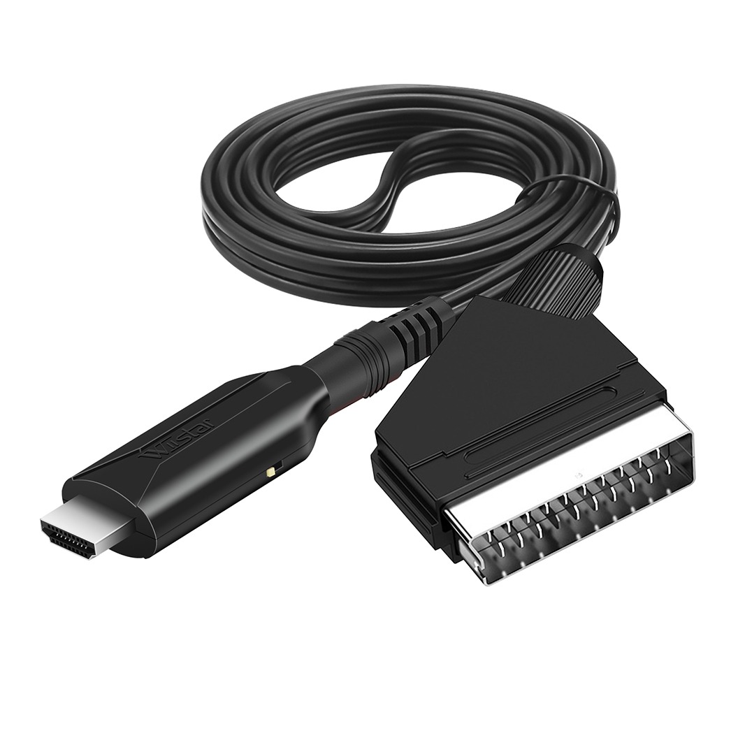 Adaptateur péritel HDMI en câble d’un mètre, sortie HD Adaptateur péritel HDMI en câble d'un mètre, sortie HD, vue de trois quarts