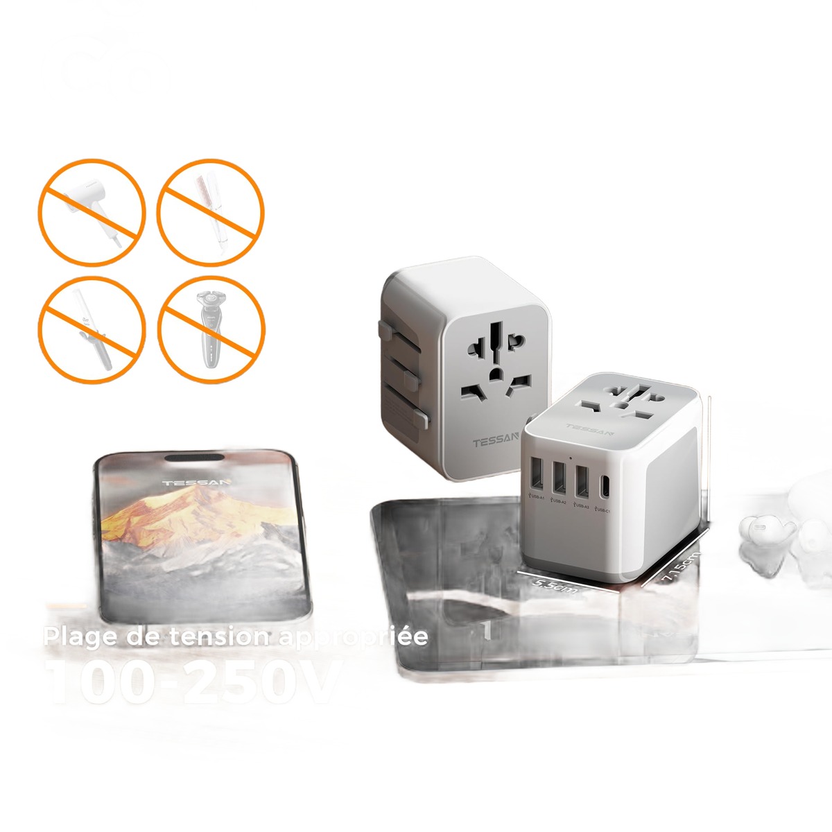 Adaptateur prise anglaise et mondial avec ports USB Adaptateur prise anglaise et mondial avec ports USB, vue principale